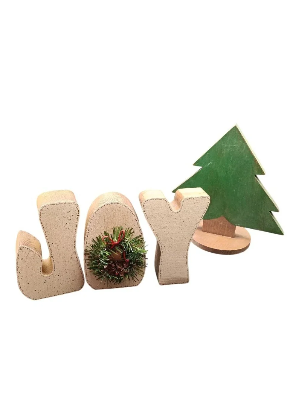 Wooden JOY Letters with Mini Wreath & Christmas Tree Decor Set - Rustic Vintage